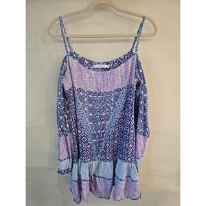 Walker & Wade Women's Blue Purple Patterned Cold Shoulder Blouse Top‎ Size L